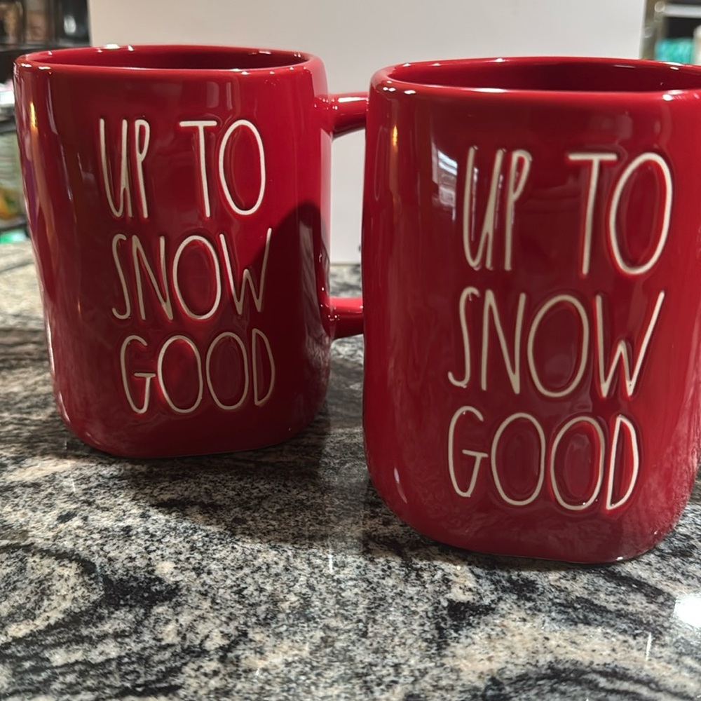 New❣️Rae Dunn Mug Set. Red with White Letters. “Up To Snow Good” Coffee HotCocoa
